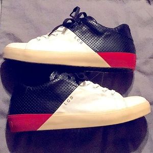 LEATHER CROWN White Canvas & Black Leather Perforated Lace Up Sneakers Men Shoes